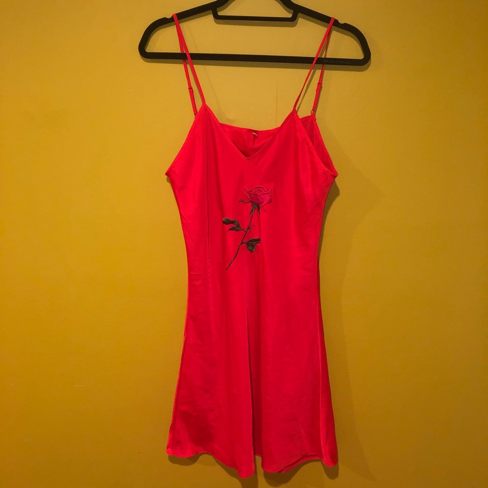 Red Slip Dress w Rose Embroidery